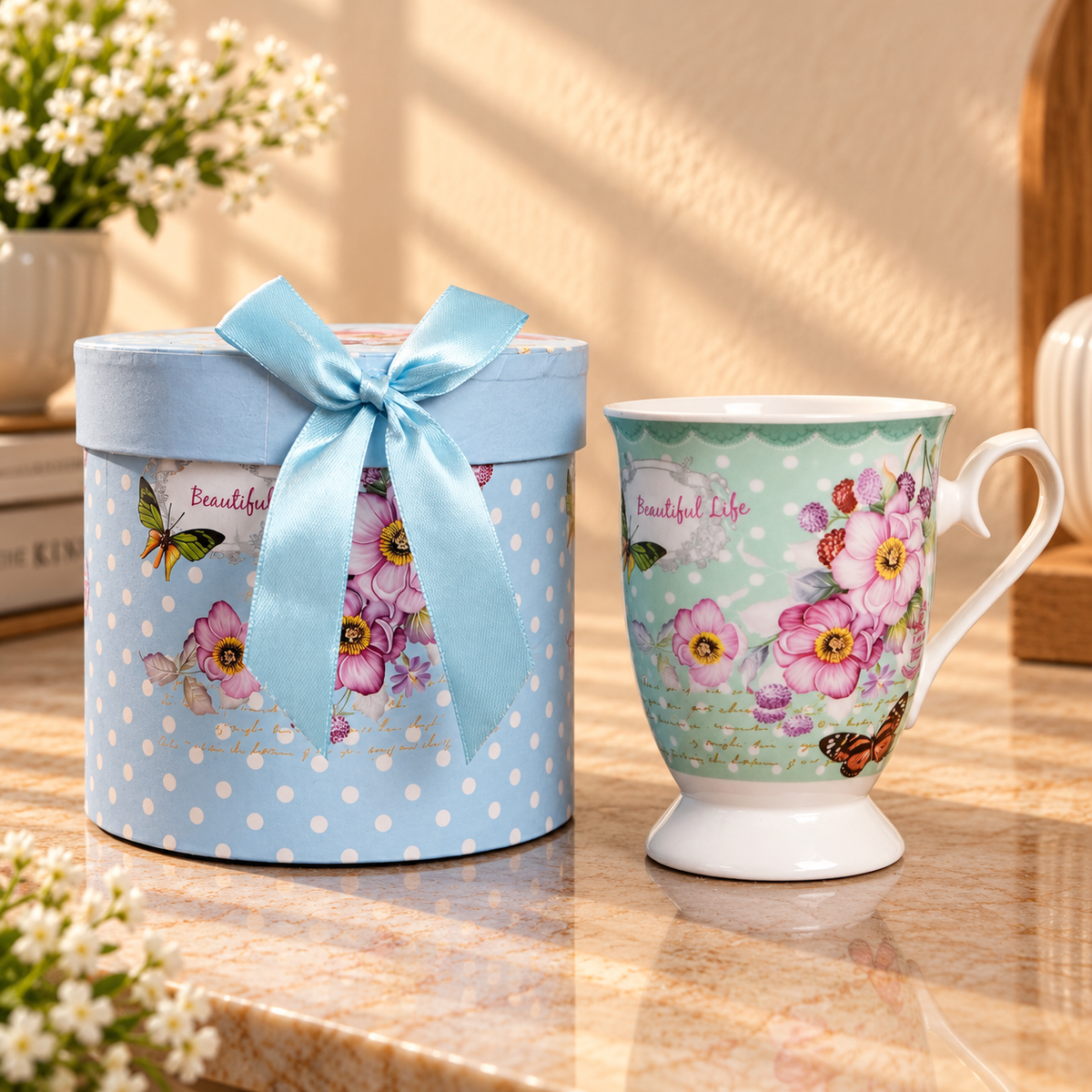 Mint Blossom Ceramic Mug with Round Gift Box
