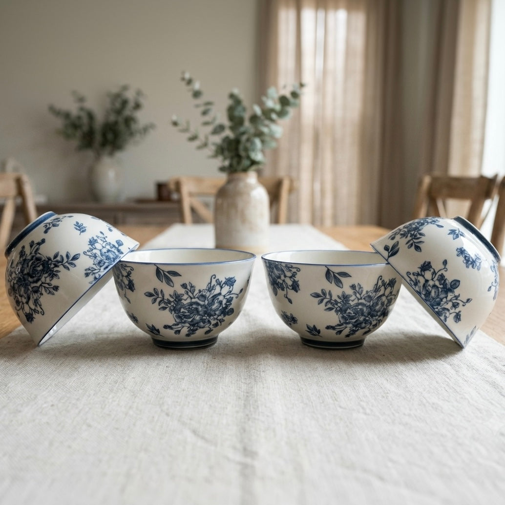 Indigo Rose Ceramic Rice Bowl Set of 4