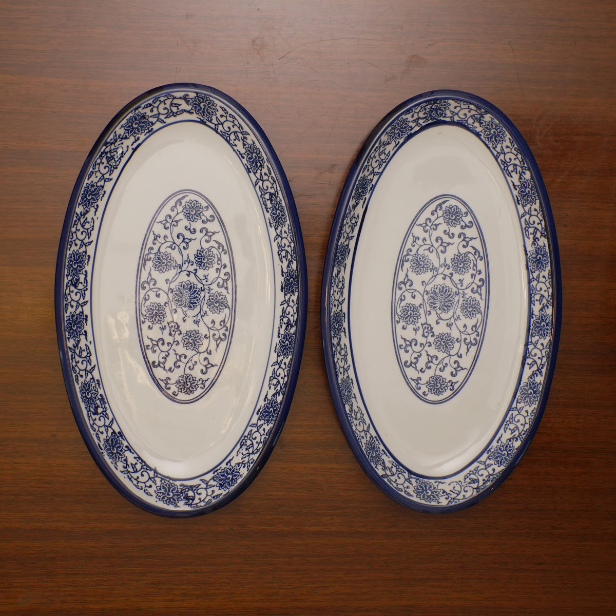Blue Floral Ceramic Serveware - Oval Serving Platter | Set of 2