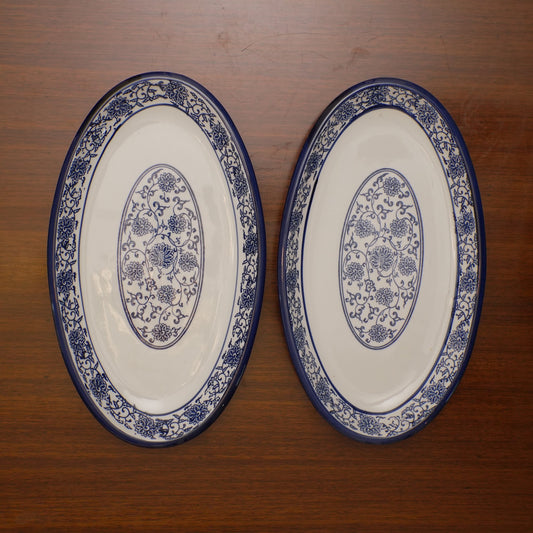 Blue Floral Ceramic Serveware - Oval Serving Platter | Set of 2