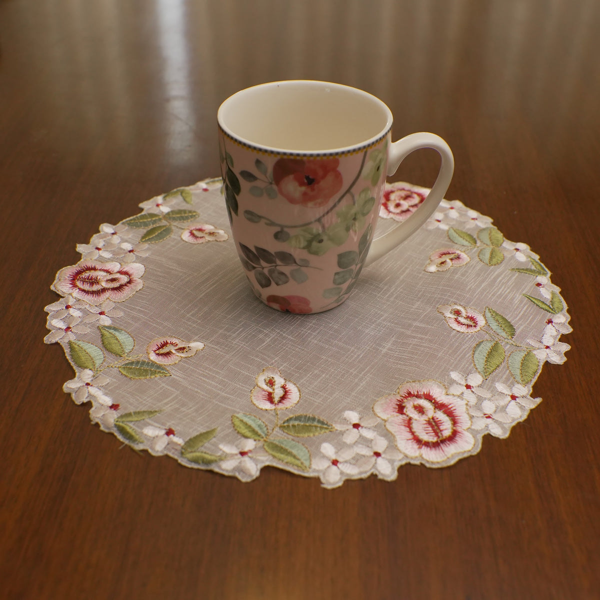 Red Rose & White Blossom Embroidered Sheer Round Table Mat (Set of 2)