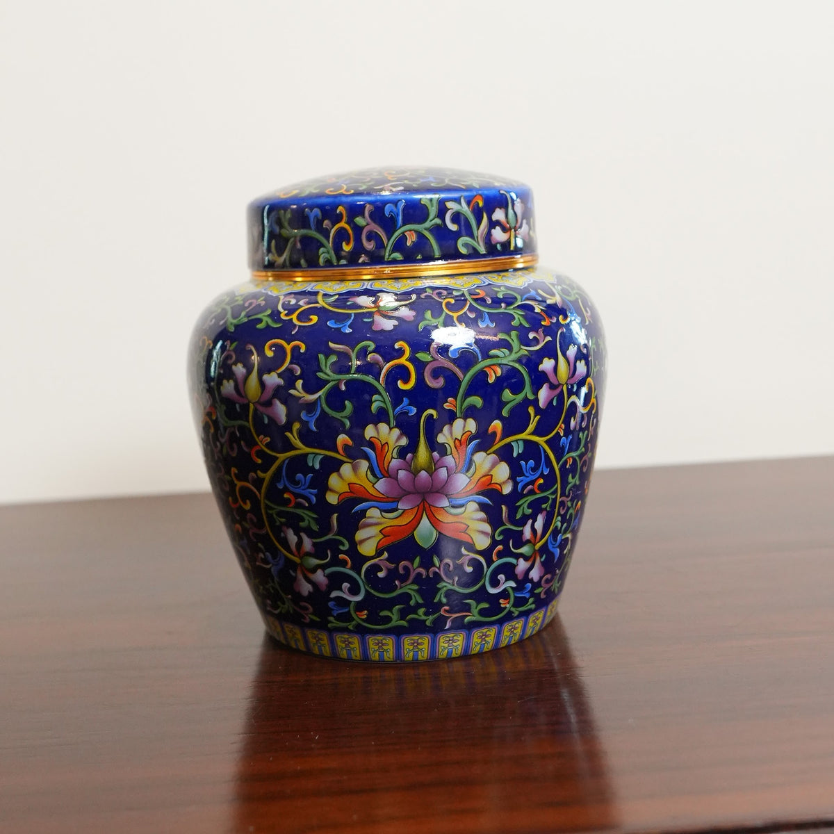 Cobalt Blue Enamel Lotus Ceramic Lidded Jar