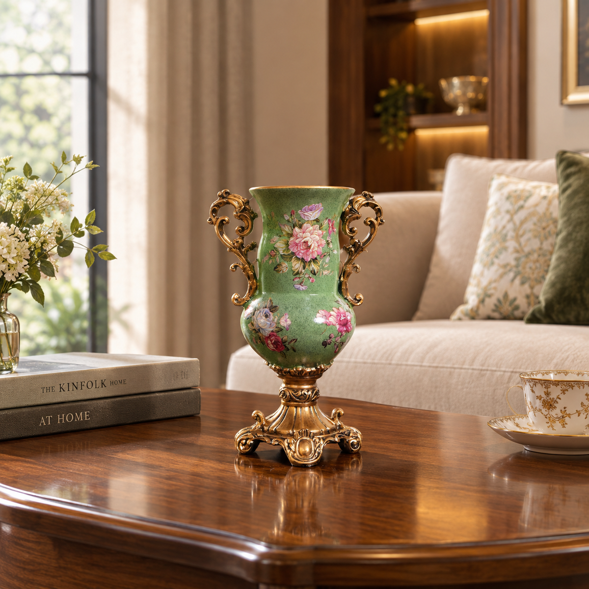 Sage Green Peony Ceramic Trumpet Vase with Gold Scroll Handles & Pedestal