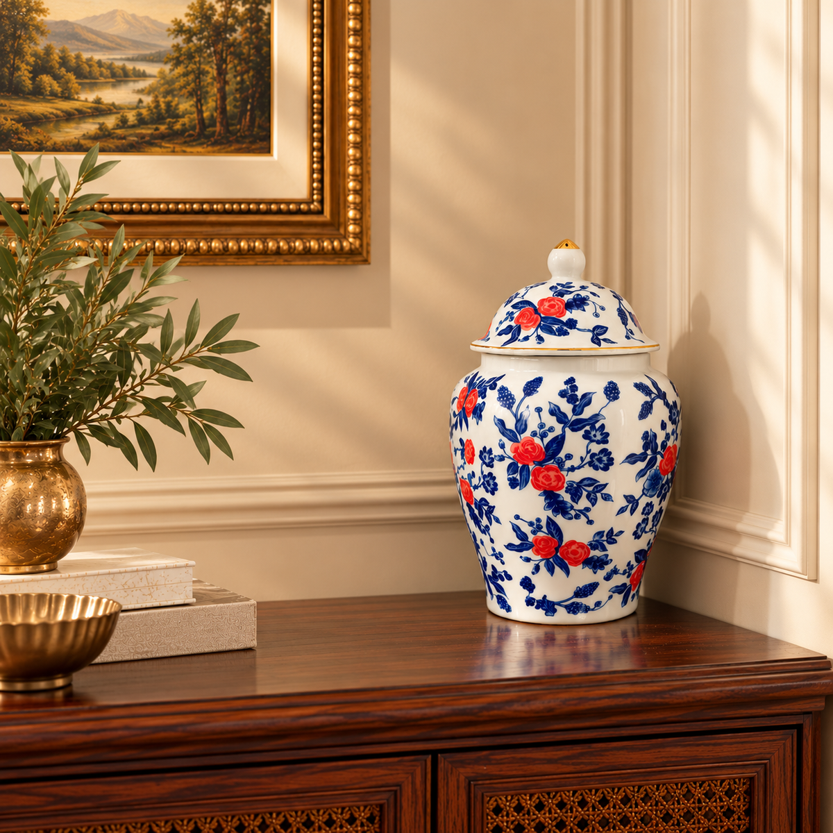 Blue & White Ceramic Ginger Jar with Red Blossoms