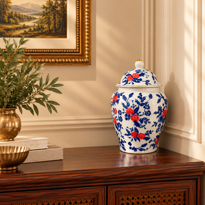 Blue & White Ceramic Ginger Jar with Red Blossoms
