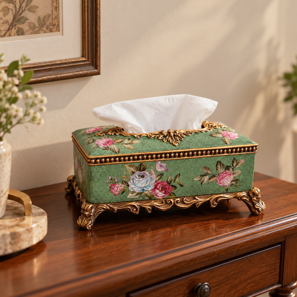 Sage Green Rose Ceramic Tissue Box with Gold Baroque Base
