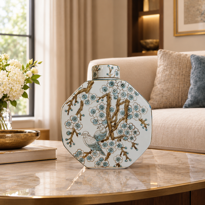 Bluebird & Blossom Tree Ceramic Octagonal Flask Vase