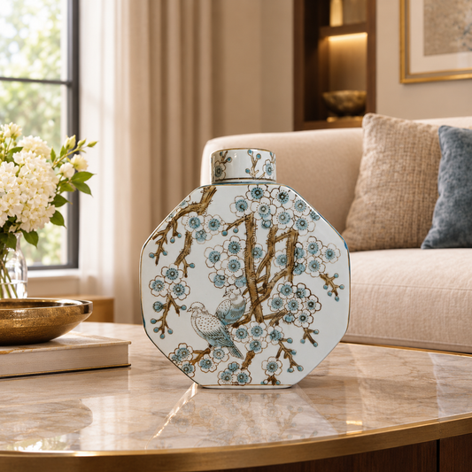 Bluebird & Blossom Tree Ceramic Octagonal Flask Vase