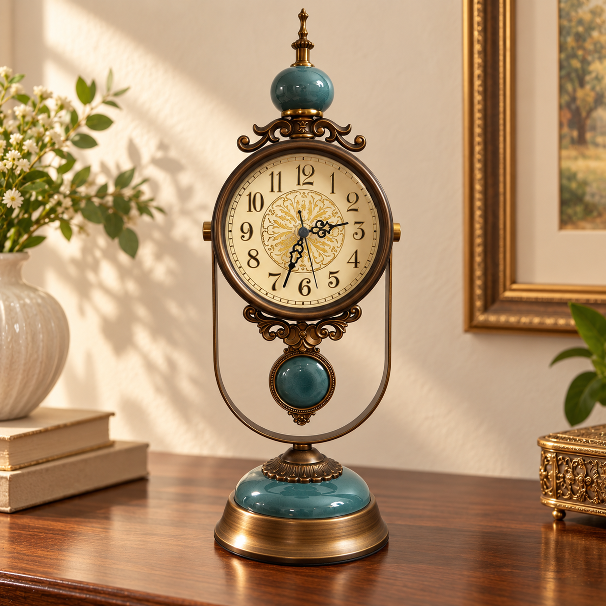 Teal Crackle Porcelain & Brass Pendulum Table Clock