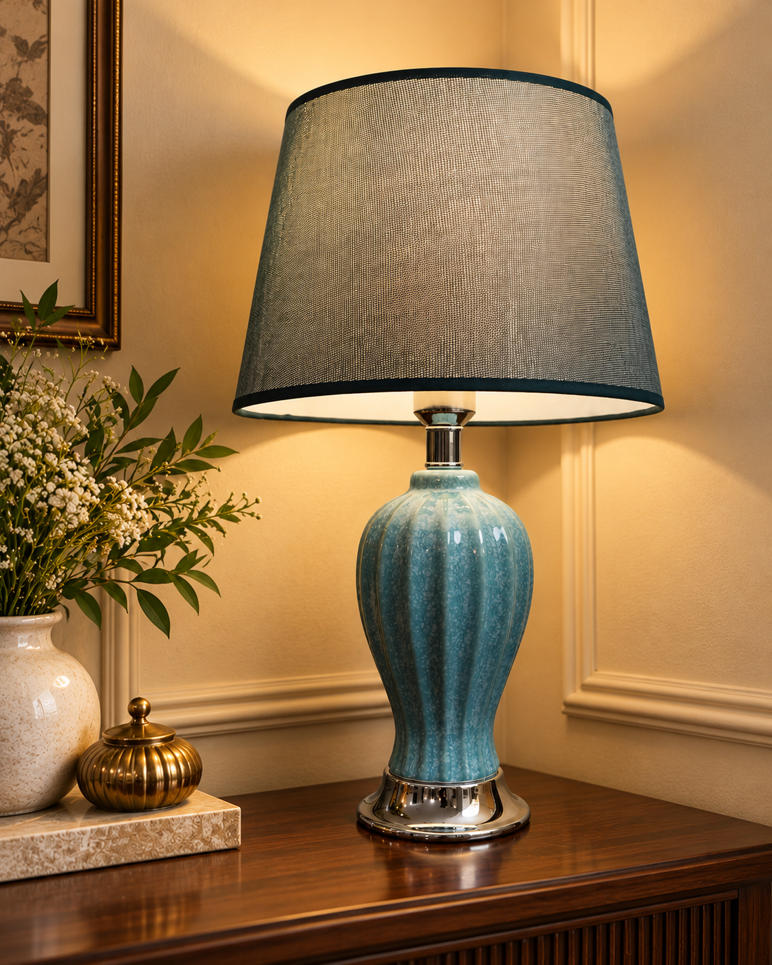 Aqua Speckled Fluted Ceramic Table Lamp with Grey Shade