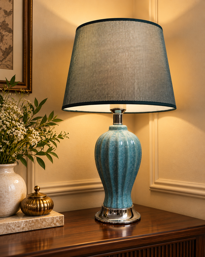Aqua Speckled Fluted Ceramic Table Lamp with Grey Shade