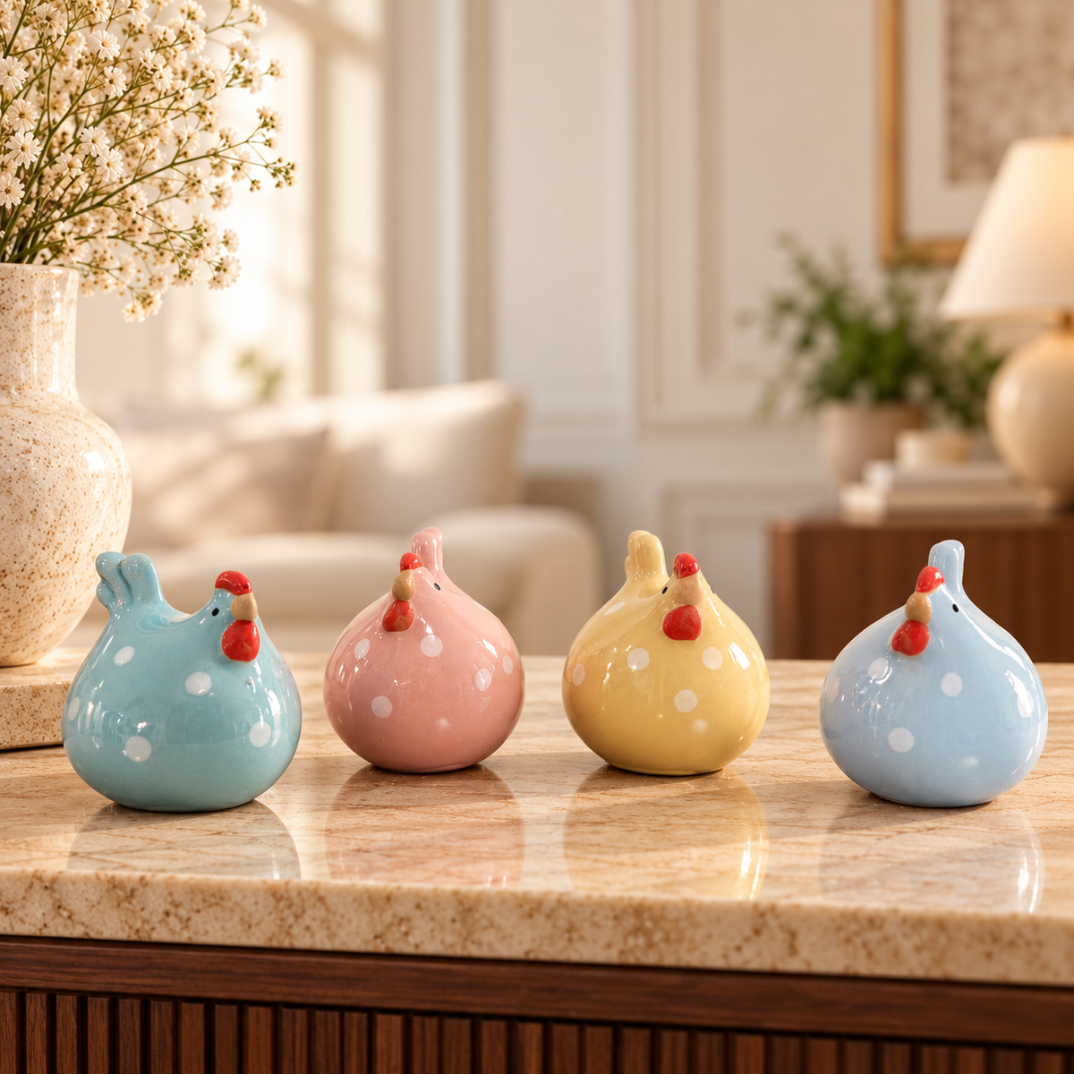 Pastel Polka Dot Hen Ceramic Figurine (Set of 4)