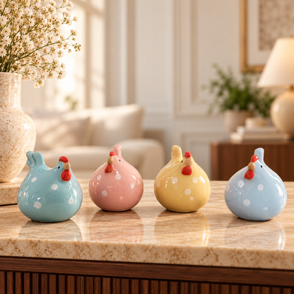 Pastel Polka Dot Hen Ceramic Figurine (Set of 4)