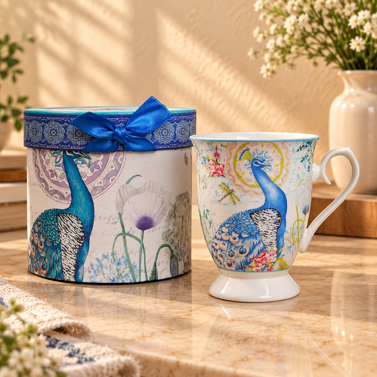 Peacock Garden Ceramic Mug with Round Gift Box