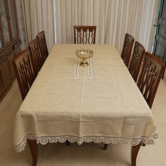 Grey medallion lace table sheet on a 10 seater dining table