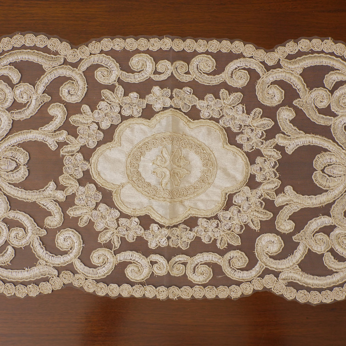 Ivory Satin Scroll Lace Table Runner (Long)