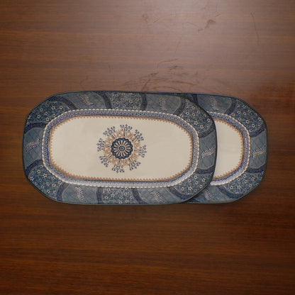Teal Mandala Ceramic Serveware - Rectangular Serving Platter (Large) | Set of 2