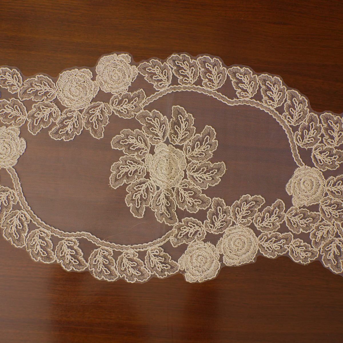Beige Lace Rose Sheer Table Runner (Long)