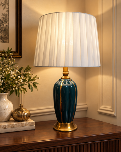 Teal Fluted Ceramic Table Lamp with Gold Stripes