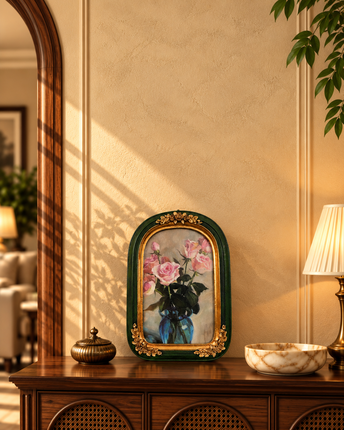 Emerald Green Arched Photo Frame with Gold Rosettes