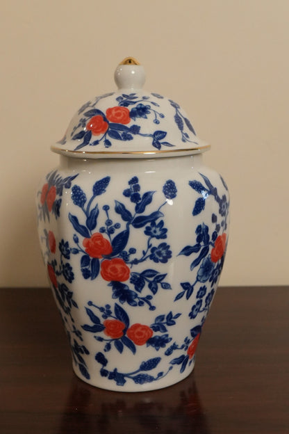 Blue & White Ceramic Ginger Jar with Red Blossoms