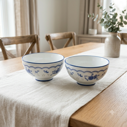 Blue Sprig Scalloped Ceramic Serving Bowl Set of 2