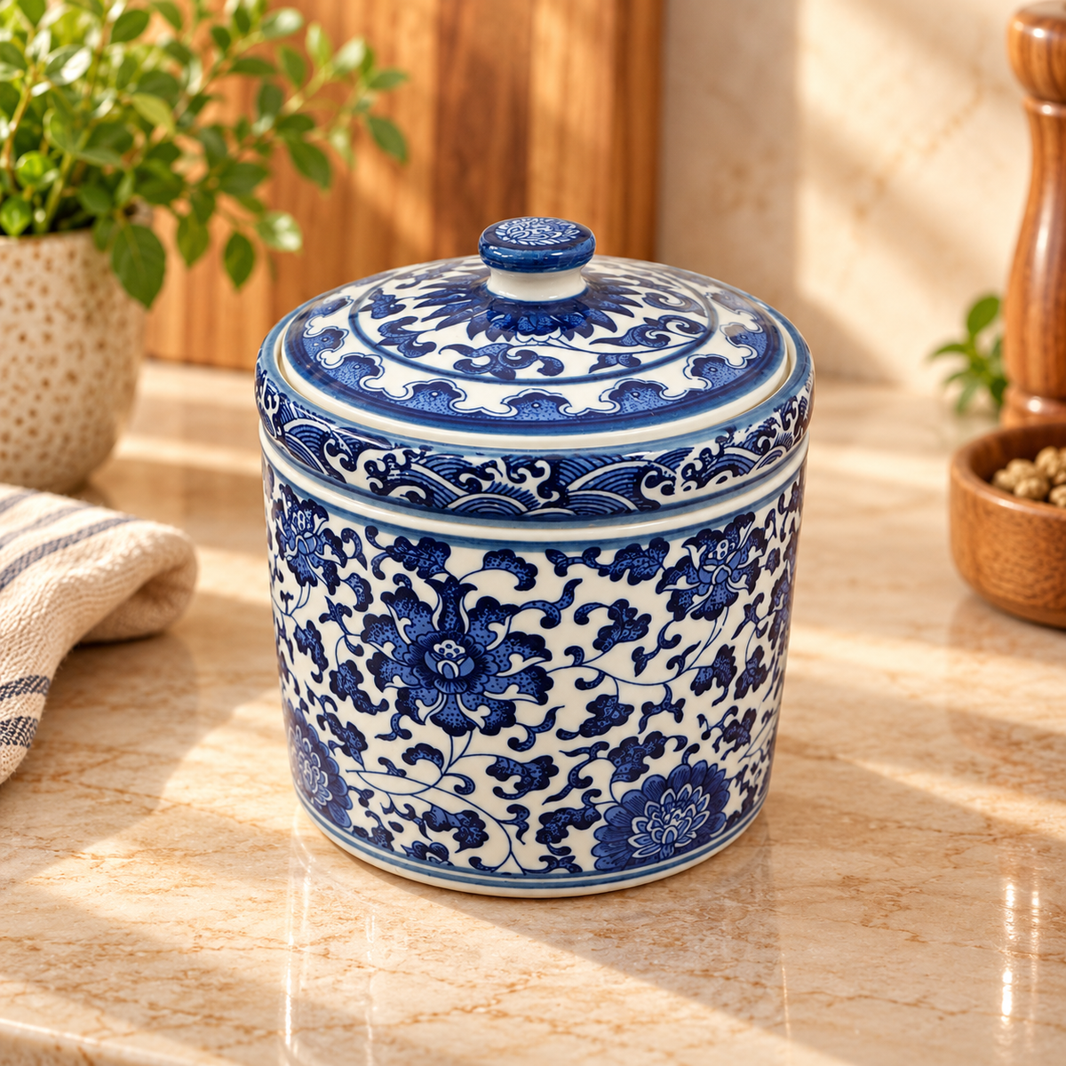 Ming Blue Lotus Ceramic Lidded Jar