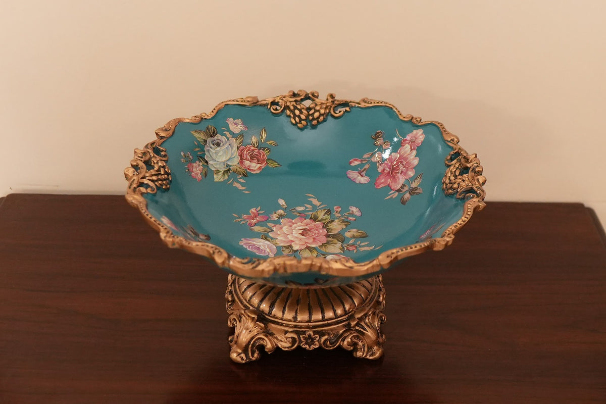 Teal Floral Ceramic Centerpiece Bowl on Gold Stand