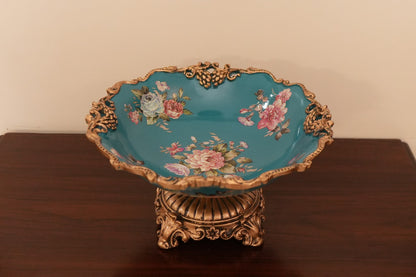 Teal Floral Ceramic Centerpiece Bowl on Gold Stand