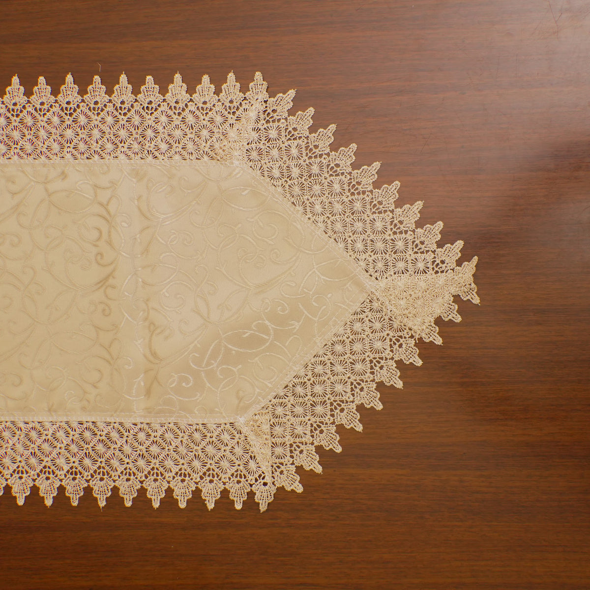 Gold Damask Jacquard Lace Border Table Runner (Long)