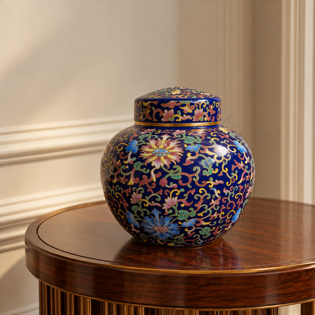 Cobalt Blue Enamel Floral Ceramic Round Lidded Jar