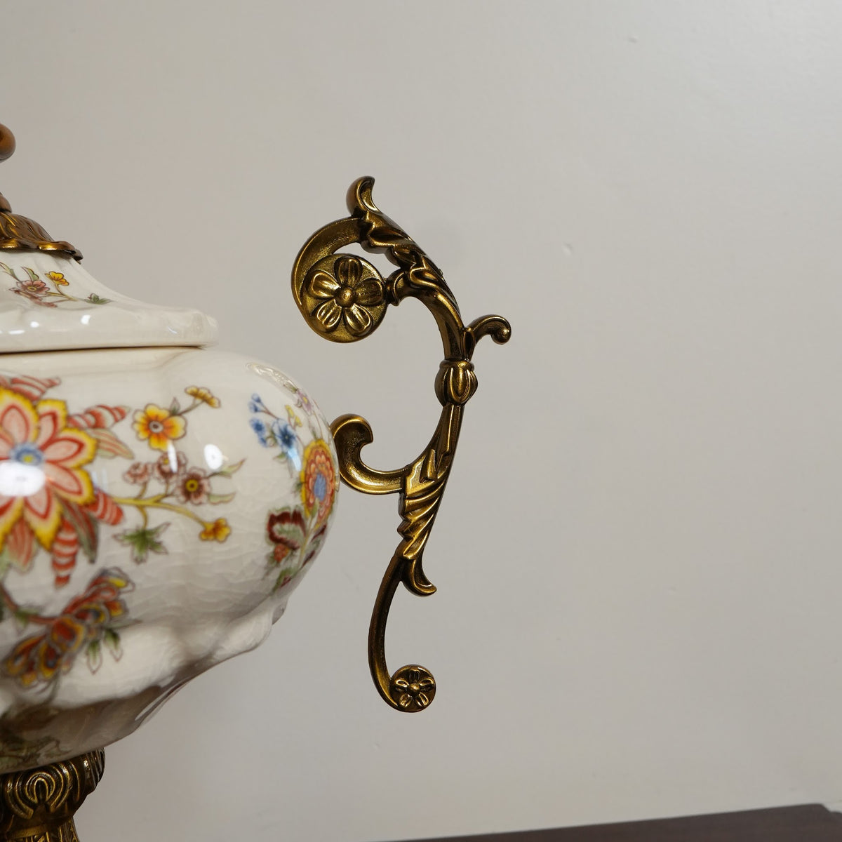 Ivory Jacobean Floral Ceramic Lidded Urn with Gold Scroll Handles & Pedestal
