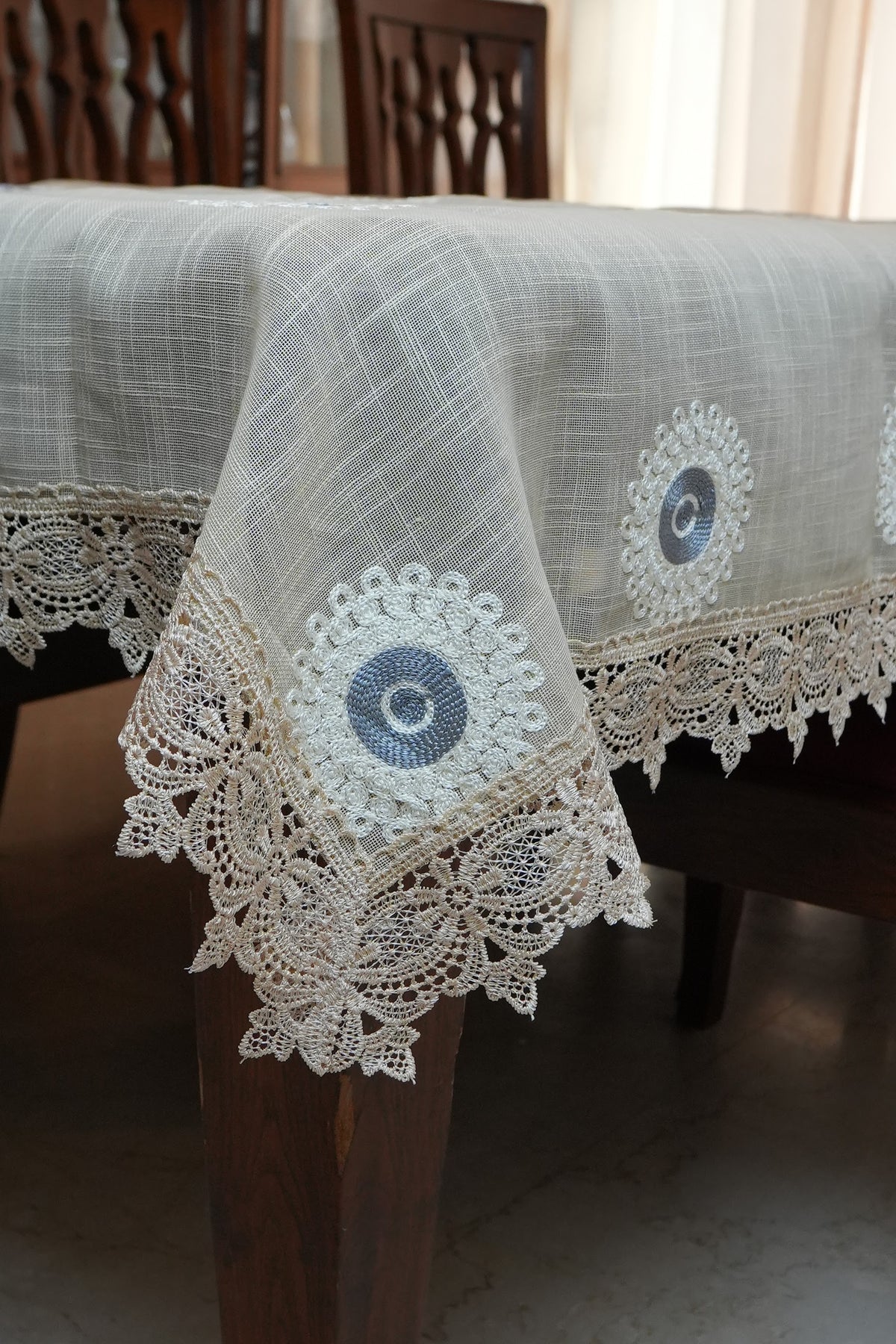 Beige Linen Table Sheet with Blue Medallion Embroidery & Lace Border (6 Seater)