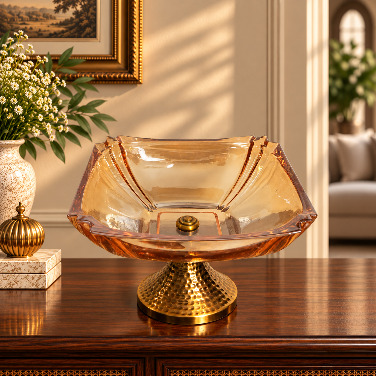 Amber Glass Square Pedestal Bowl with Hammered Gold Stand