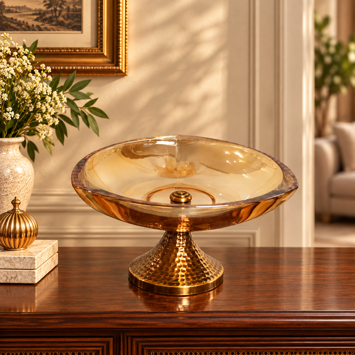 Amber Glass Round Pedestal Bowl with Hammered Gold Stand