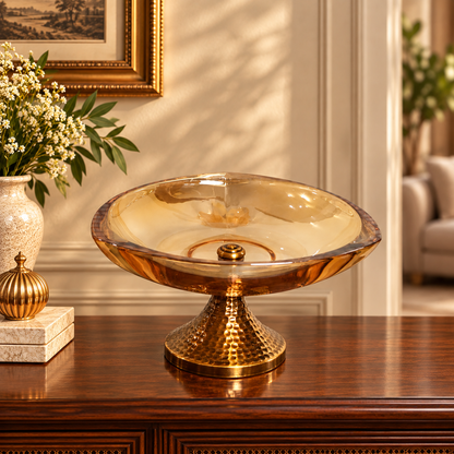 Amber Glass Round Pedestal Bowl with Hammered Gold Stand