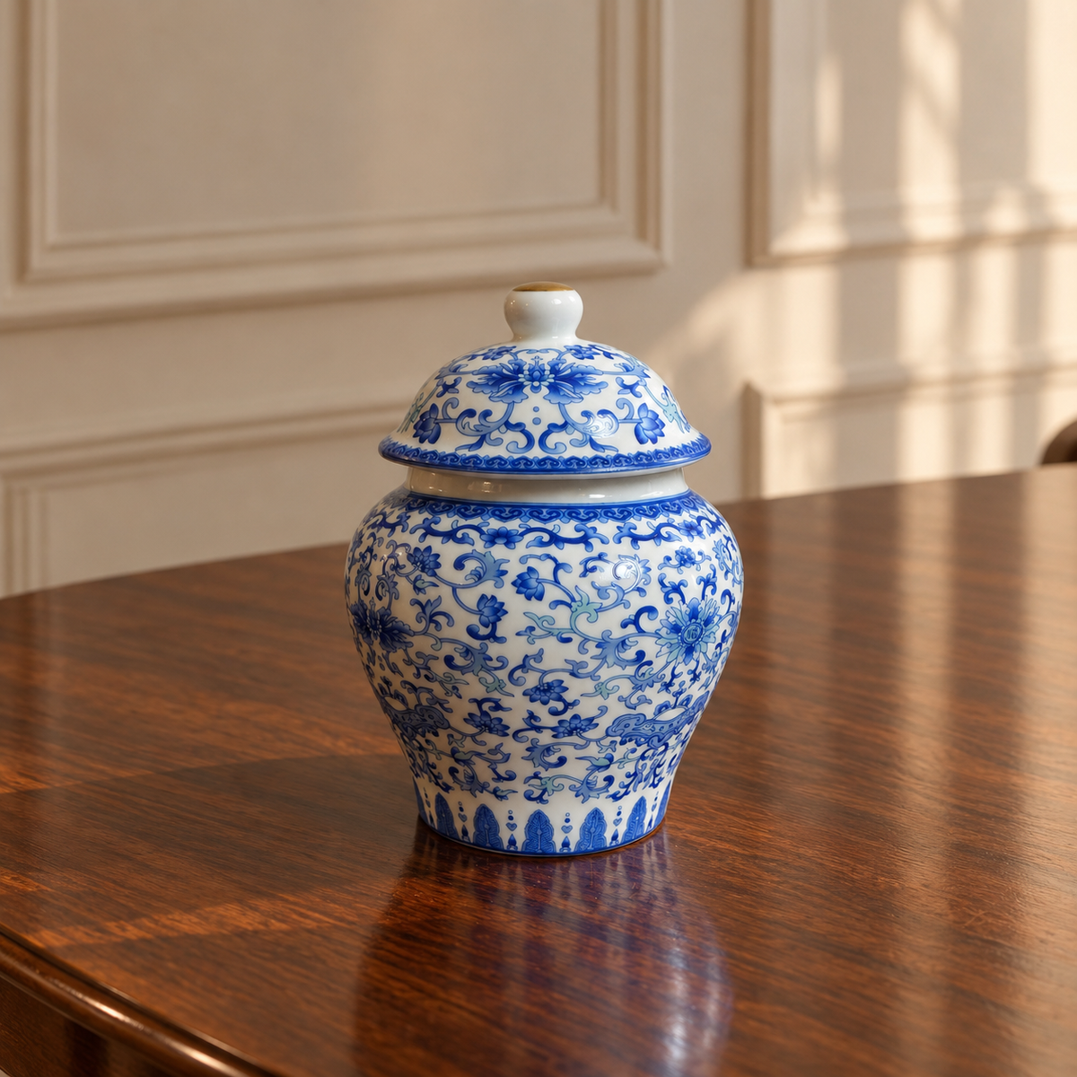 Blue Floral Ceramic Lidded Jar with Gold Knob