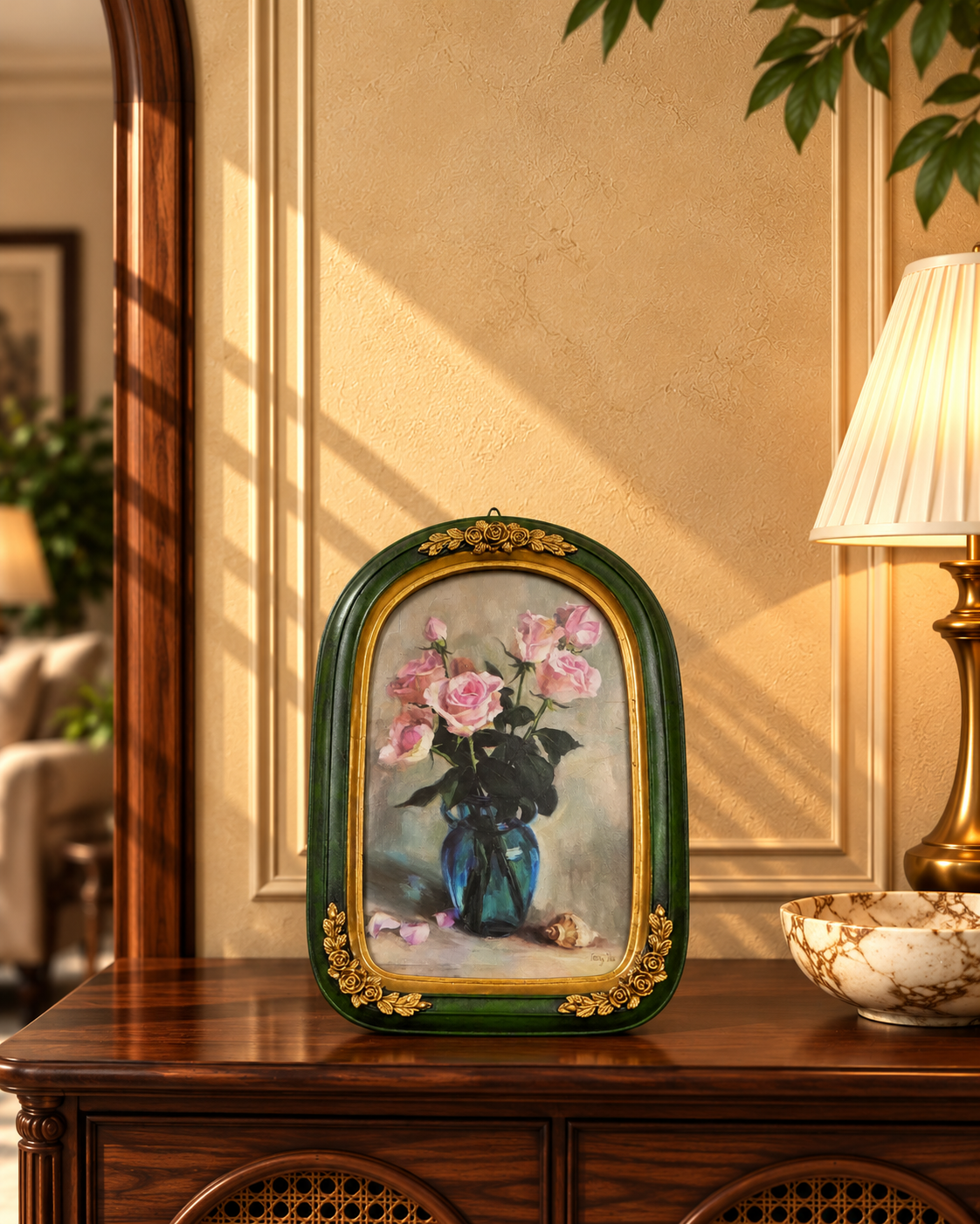 Grand Emerald Green Arched Photo Frame with Gold Rosettes