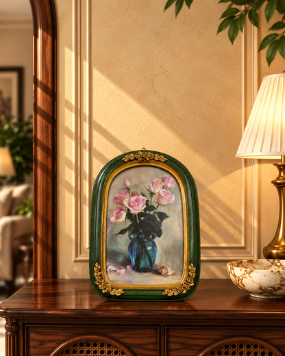 Grand Emerald Green Arched Photo Frame with Gold Rosettes