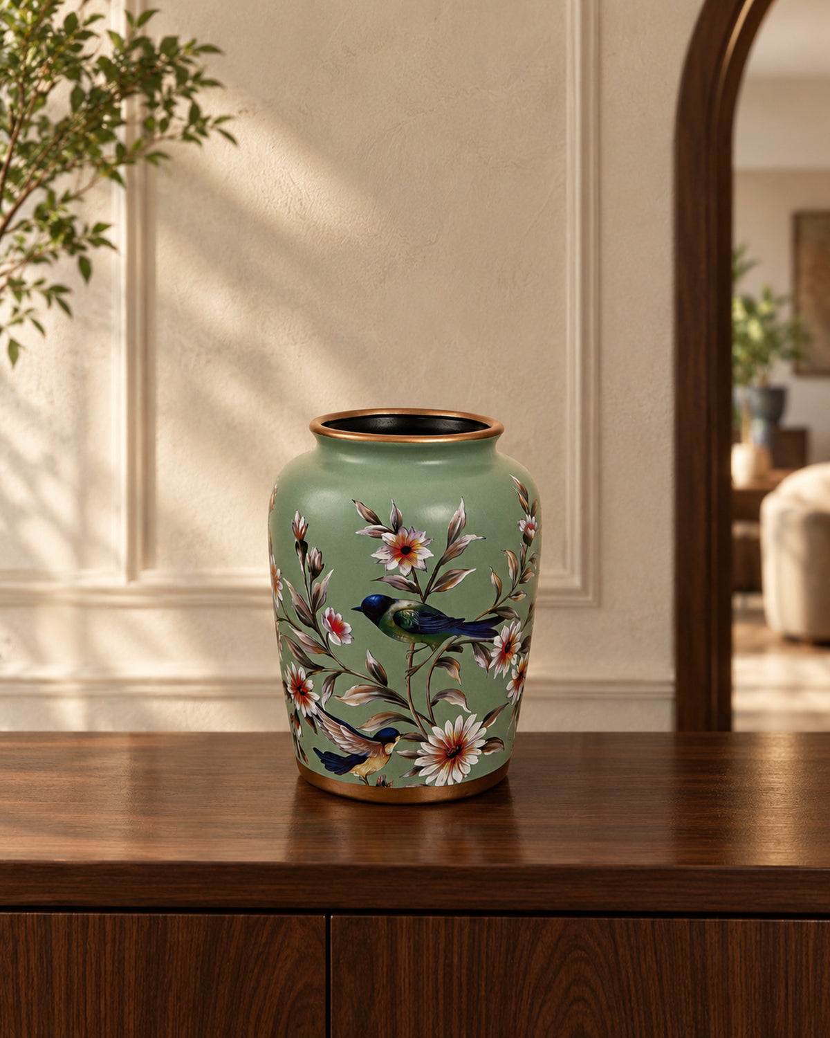 Sage Green Bird & Blossom Wide-Mouth Ceramic Vase