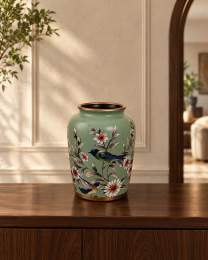 Sage Green Bird & Blossom Wide-Mouth Ceramic Vase