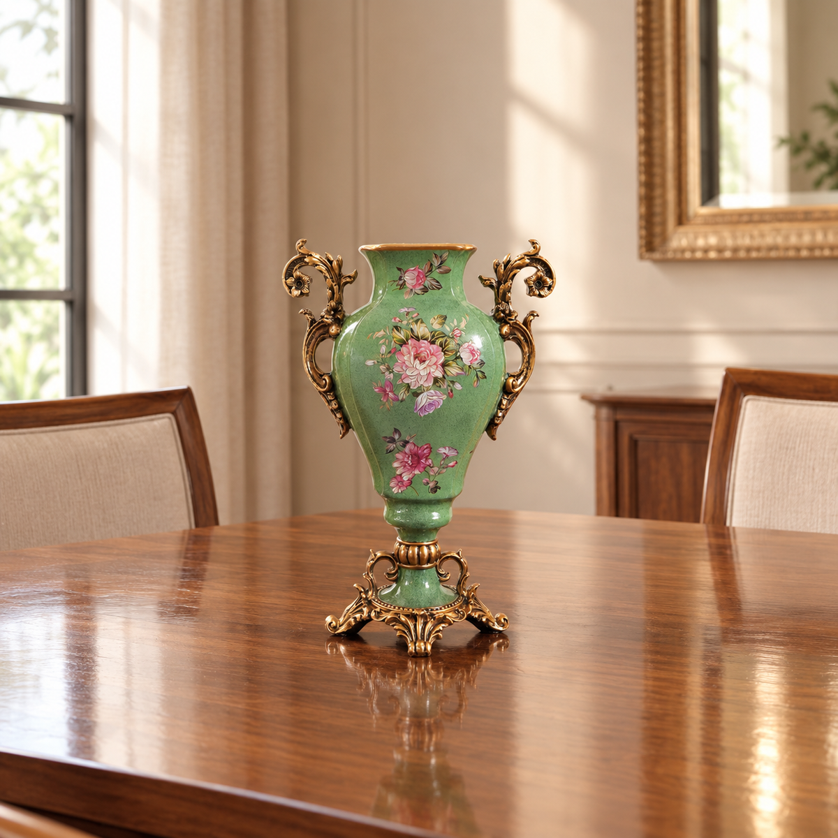Sage Green Rose Ceramic Amphora Vase with Gold Scroll Handles & Pedestal