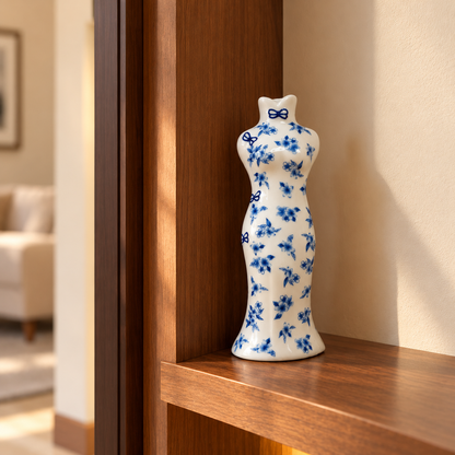 Blue Blossom Qipao Lady Ceramic Bud Vase