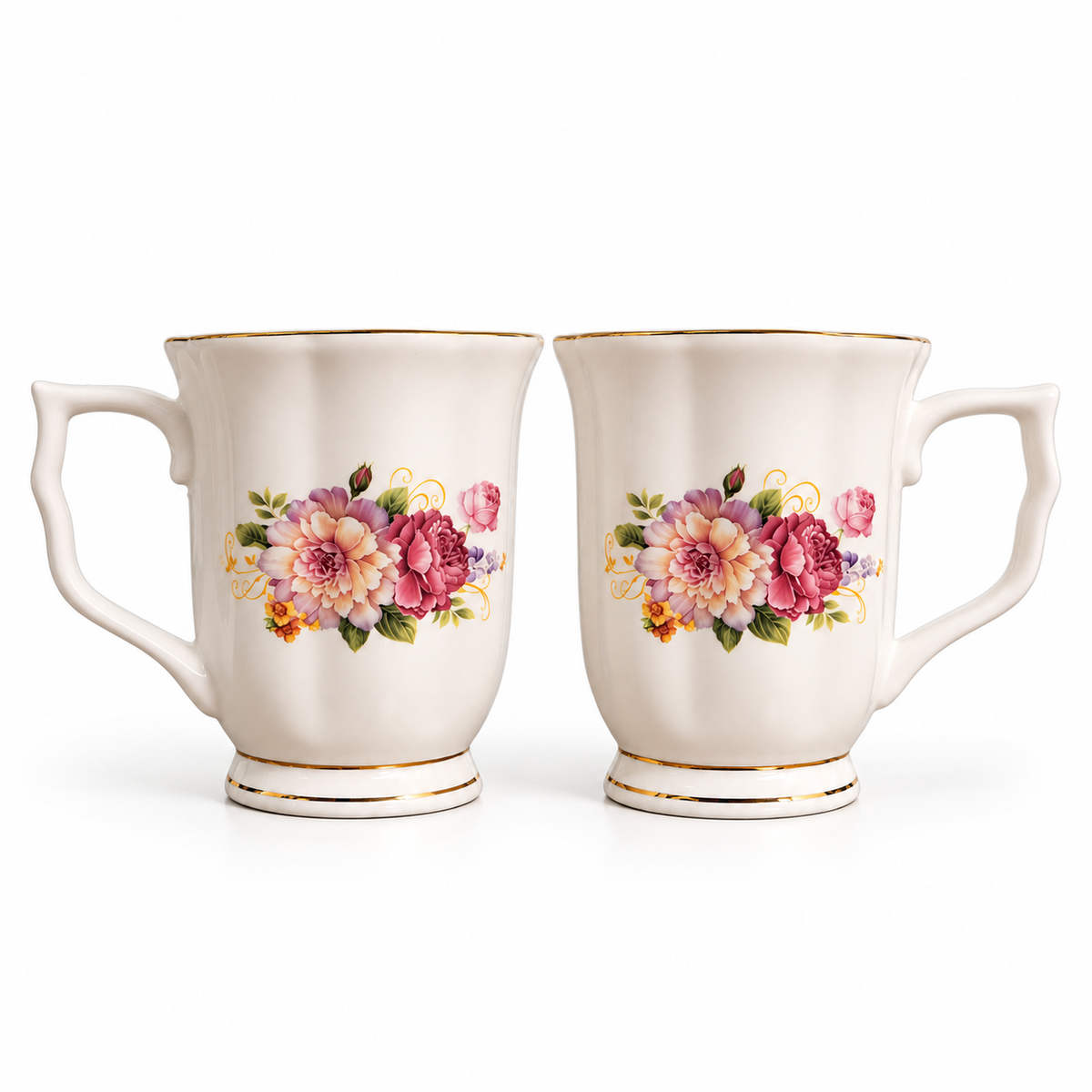 Rose Bouquet Gold Rim Ceramic Mug (Set of 2)