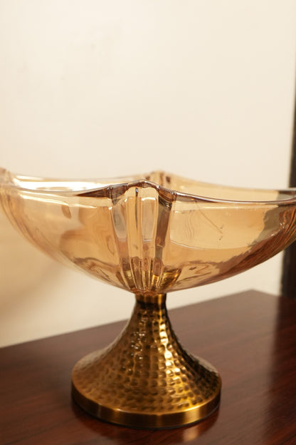 Amber Glass Square Pedestal Bowl with Hammered Gold Stand