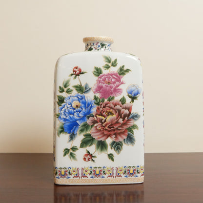 Peony Bouquet Ceramic Rectangular Flask Vase