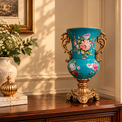 Teal Peony Ceramic Trumpet Vase with Gold Handles & Pedestal