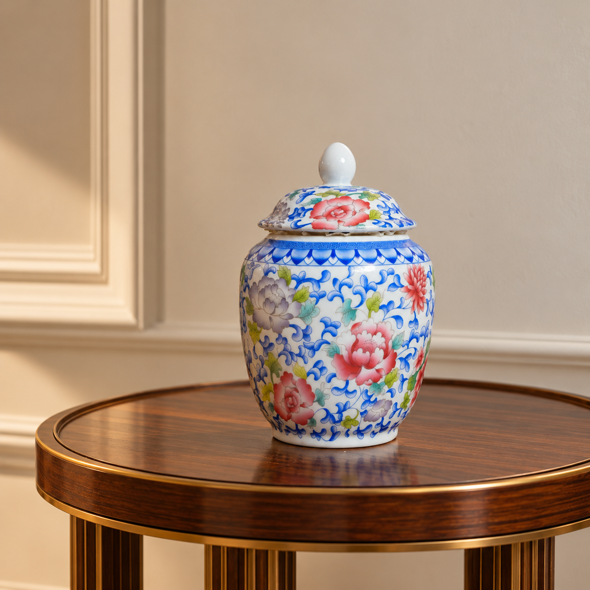 Pink Peony & Blue Scroll Ceramic Lidded Jar