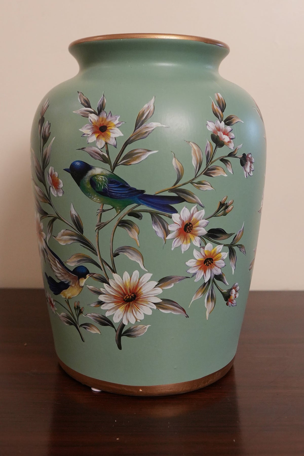 Sage Green Bird & Blossom Flared-Neck Ceramic Vase