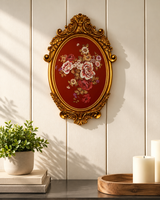 Burgundy Floral Oval Wall Plaque with Gold Baroque Frame
